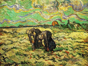 Zwei Bäuerinnen Graben auf dem Gebiet mit Schnee Vincent van Gogh Ölgemälde